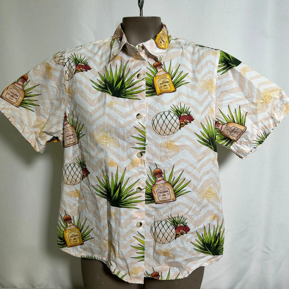 Patron Tequila Bottle Simply Perfect Button Down Beige Hawaiian Shirt Women's XL